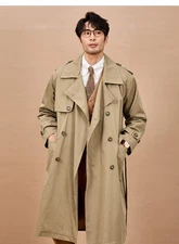 Retro British Mens Double Breasted Mid Long Trench Coat Overcoat Loose Oversized
