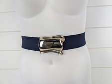 Vintage Navy Blue Elastic Belt Gold Scroll Buckle 50s 80s Mod Twee Timeless