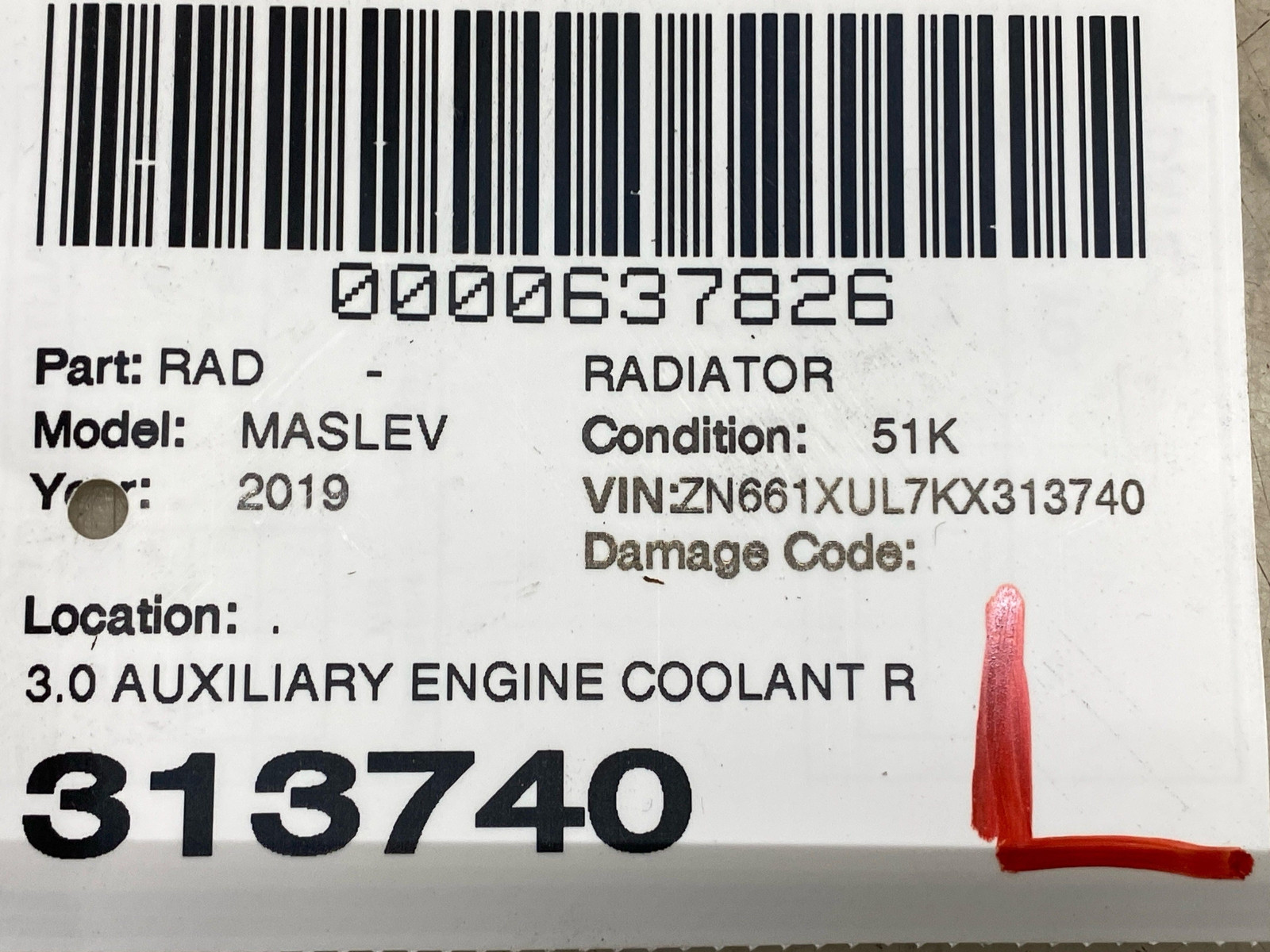 2017-2024 MASERATI LEVANTE 3.0 AUXILIARY ENGINE COOLANT RADIATOR *51K* 670103891