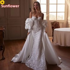 Luxury Mermaid Wedding Dress Straps Sequin Applique Detachable Train Bridal Gown