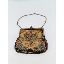 Vintage Floral Needlepoint Evening Bag Brass Frame Kiss Lock Petit Point Purse