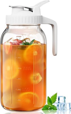64oz Glass Pitcher, 2 Quart Mason Jar Pitcher with Lid and Spout | Wide Mouth...