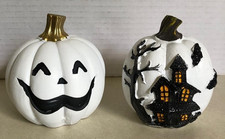 2X White Pumpkin Home Decor Resin Haunted House/happy face Figures Set of 2 NEW