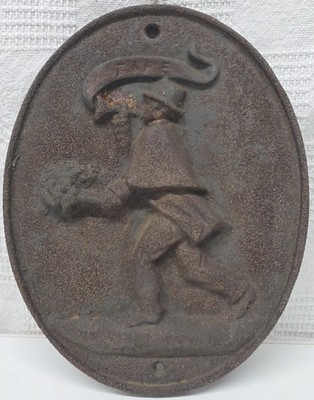 Vintage Cast Iron Fire Insurance Mark Wall Plaque Running Fireman Firefighter