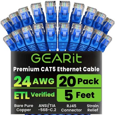 20 PCS Cat5e Ethernet Patch Cable 5 Feet Snagless RJ45 LAN Network Blue Cord