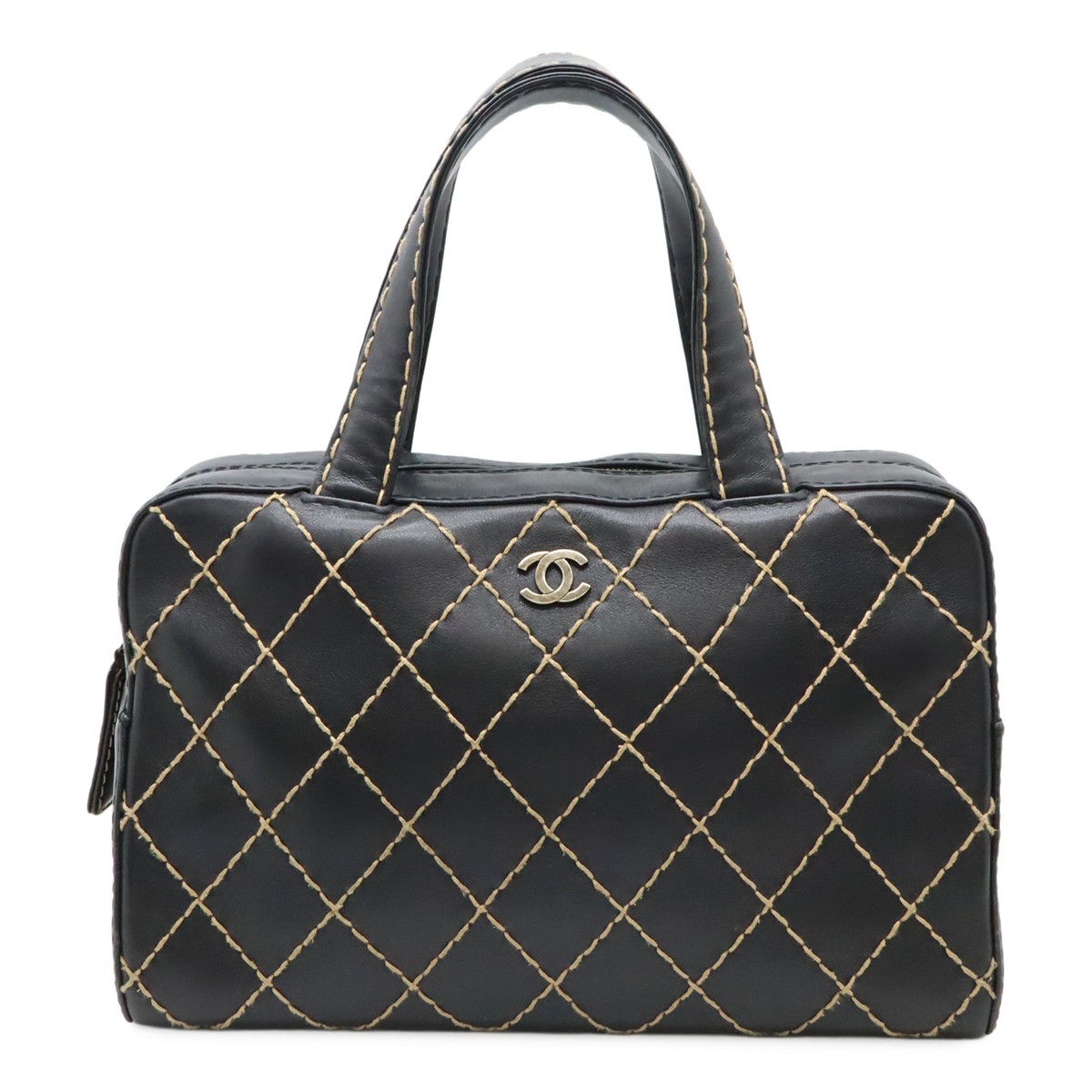 CHANEL Mini Boston Bag in Black Leather with Gold Hardware Wild Stitch Design A14692