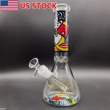10" Glass Bong Smoking Hookah Artistic Print  Water Pipe Bubbler w/14MM Bowl US