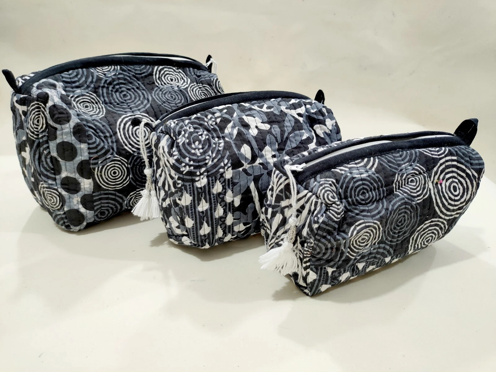 Unisex Makeup Cosmetic Black Bag Floral Purse Quilted Cotton Bags Toiletry 3 Pcs