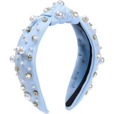 WantGor Pearl Knotted Headband, Women Rhinestone Embellished Light Blue