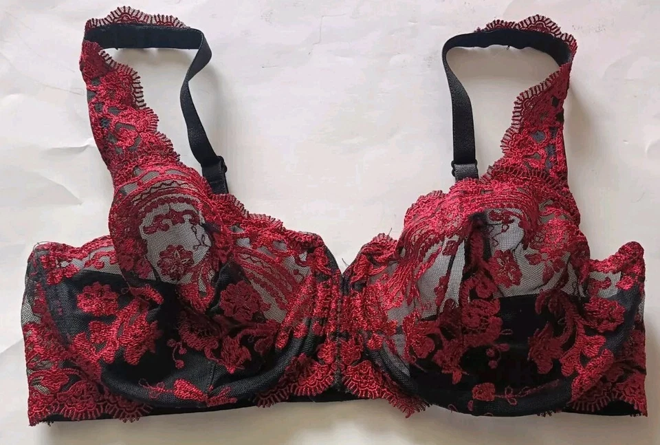Sujetador Lunaire Sevilla Balconette Talla 34D Semi Transparente Rojo Negro Bordado Floral Foto 2 de 4