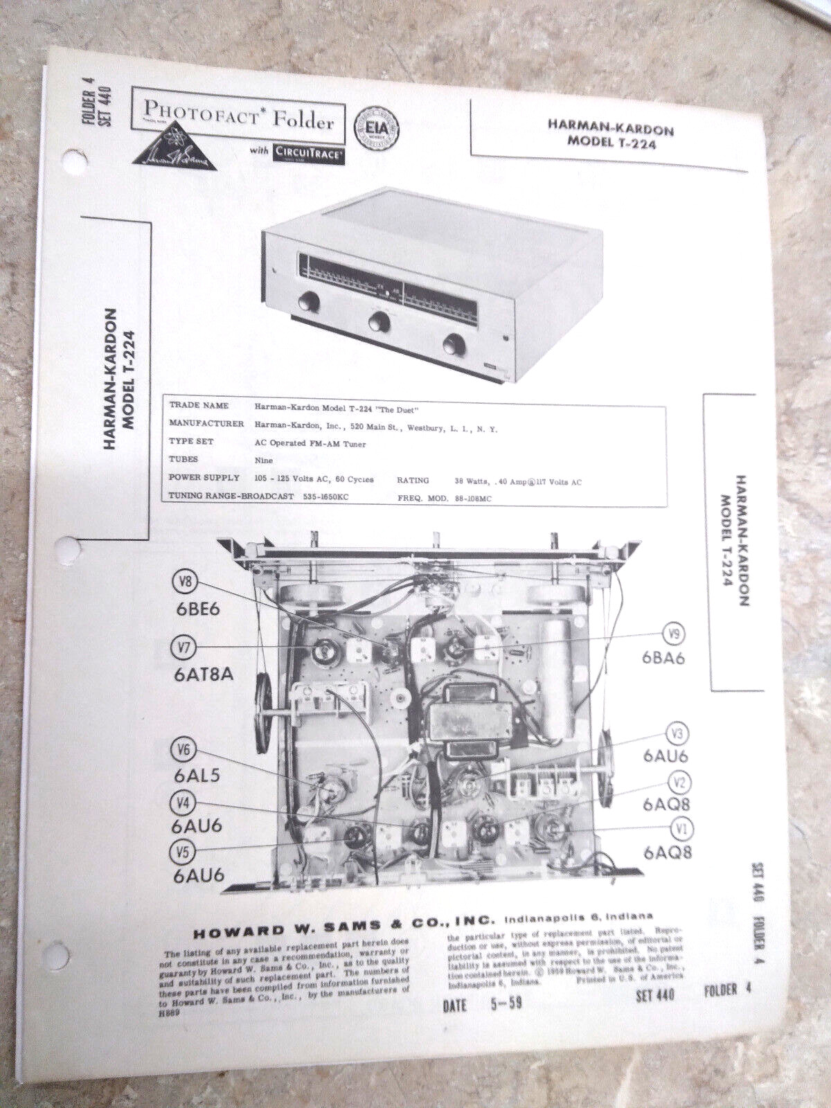 HARMAN-KARDON T-224 AM/FM MPX out TUNER - Schematic & Data SAMS PHOTOFACTS 440/4