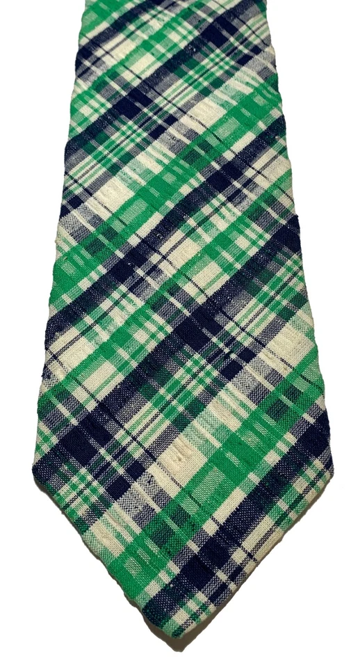 Corbata ancha Seersucker a cuadros verde + azul vintage años 70 para hombre 55,5" L/4,25" Foto 2 de 4