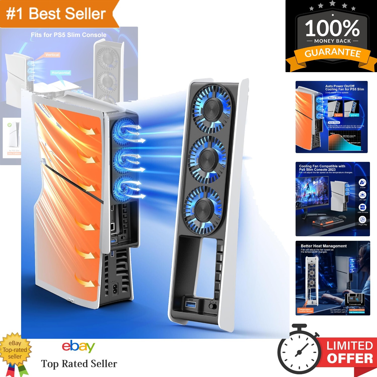 PS5 Slim Cooling Fan with USB 3.0 Port & Adjustable Speed - Immersive Gaming