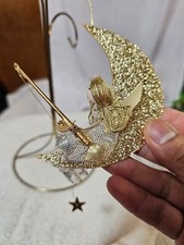 Vtg Angel in crescent moon star christmas Ornament Composite gold color