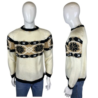 VINTAGE 70s Snowflake Pullover L Icelandic Nordic Danish Xmas Ski Sweater 70s