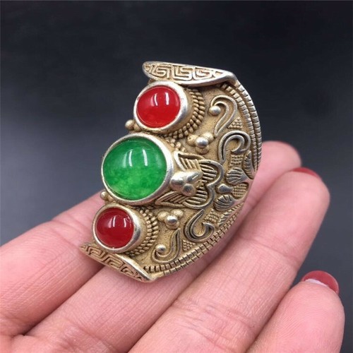 Curio Tibet Jade Little Finger Ring Copper Ring Finger Jewelry Antiques Pendant - Picture 5 of 10