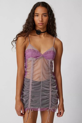 Urban Outfitters Purple Lilac Marina Sheer Ruched Mini Dress Size XS - Picture 2 of 16