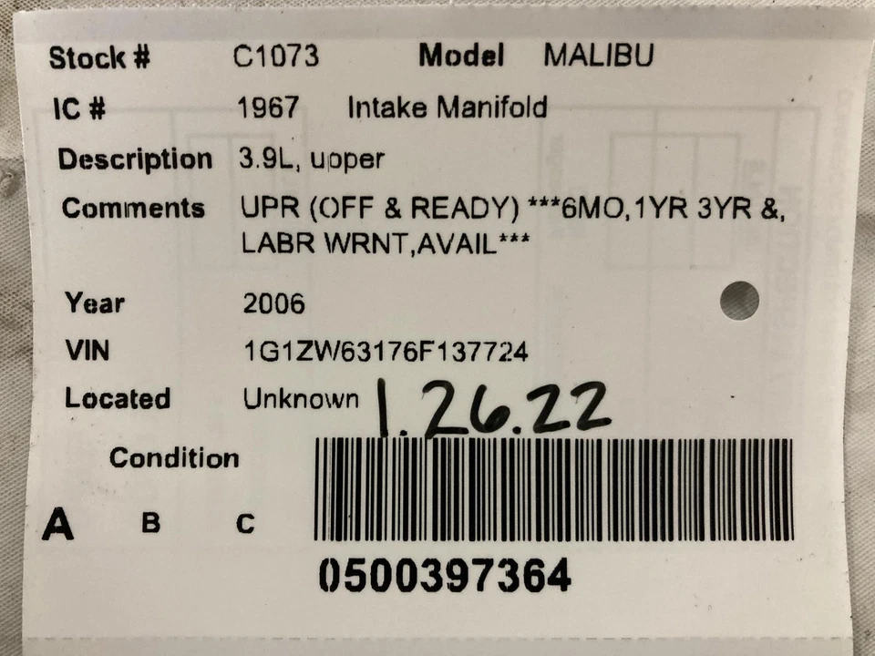 Used Upper Engine Intake Manifold fits: 2006 Chevrolet Malibu 3.9L upper Upper G — 第 3/4 张图片