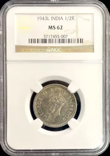 1943-L India-British 1/2 Rupee Silver Coin NGC MS 62