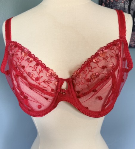 Freya 38DD Red Sheer Embroidered Underwire Bra AA5331 Lace Floral Lingerie