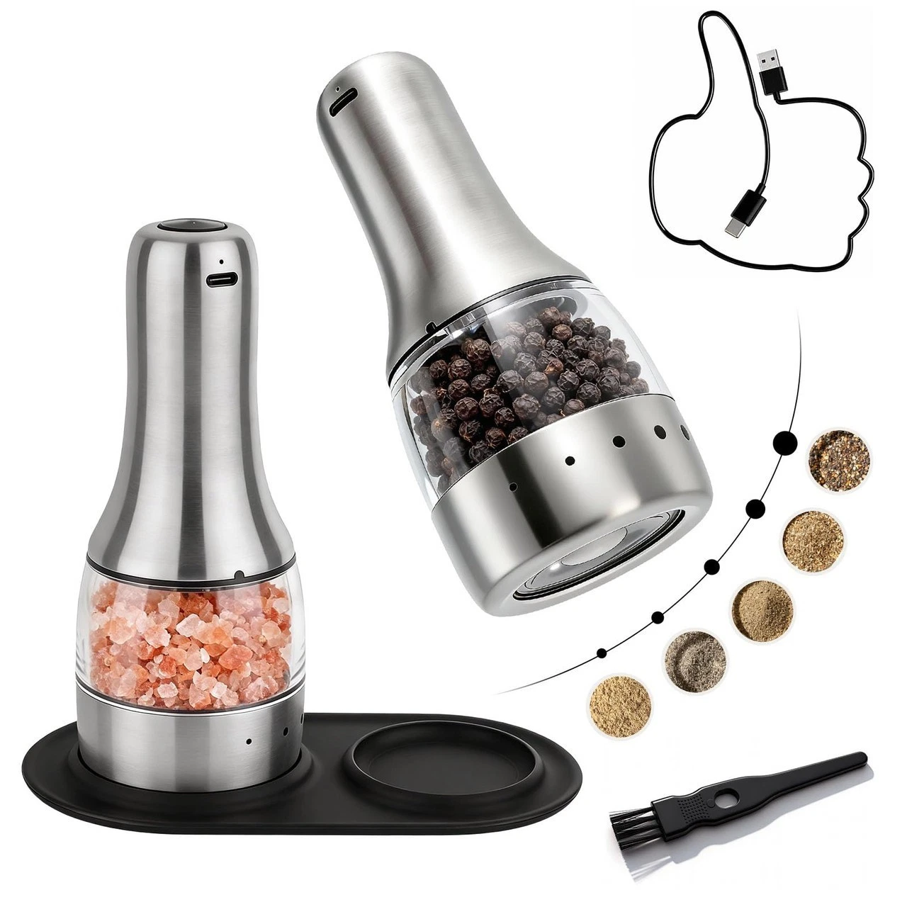 Electric Salt and Pepper Grinder Mill Set, 90ml Rechargeable Automatic Salt and
