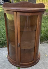 Vintage Wooden Curio Cabinet Curved Glass Door Half Round Hanging 19” FREE SHIP