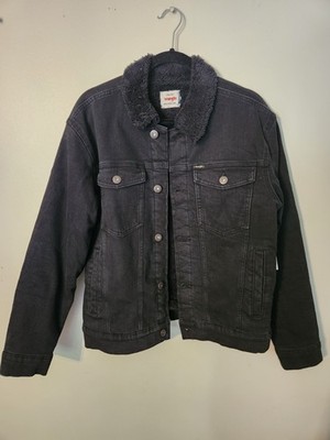 Mens Black Wrangler Sherpa Lined Denim Jacket Trucker Coat Size MEDIUM NEW