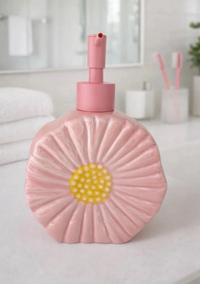 Très joli distributeur de savon printanier en verre de couleur rose avec fleur - Photo 1/1