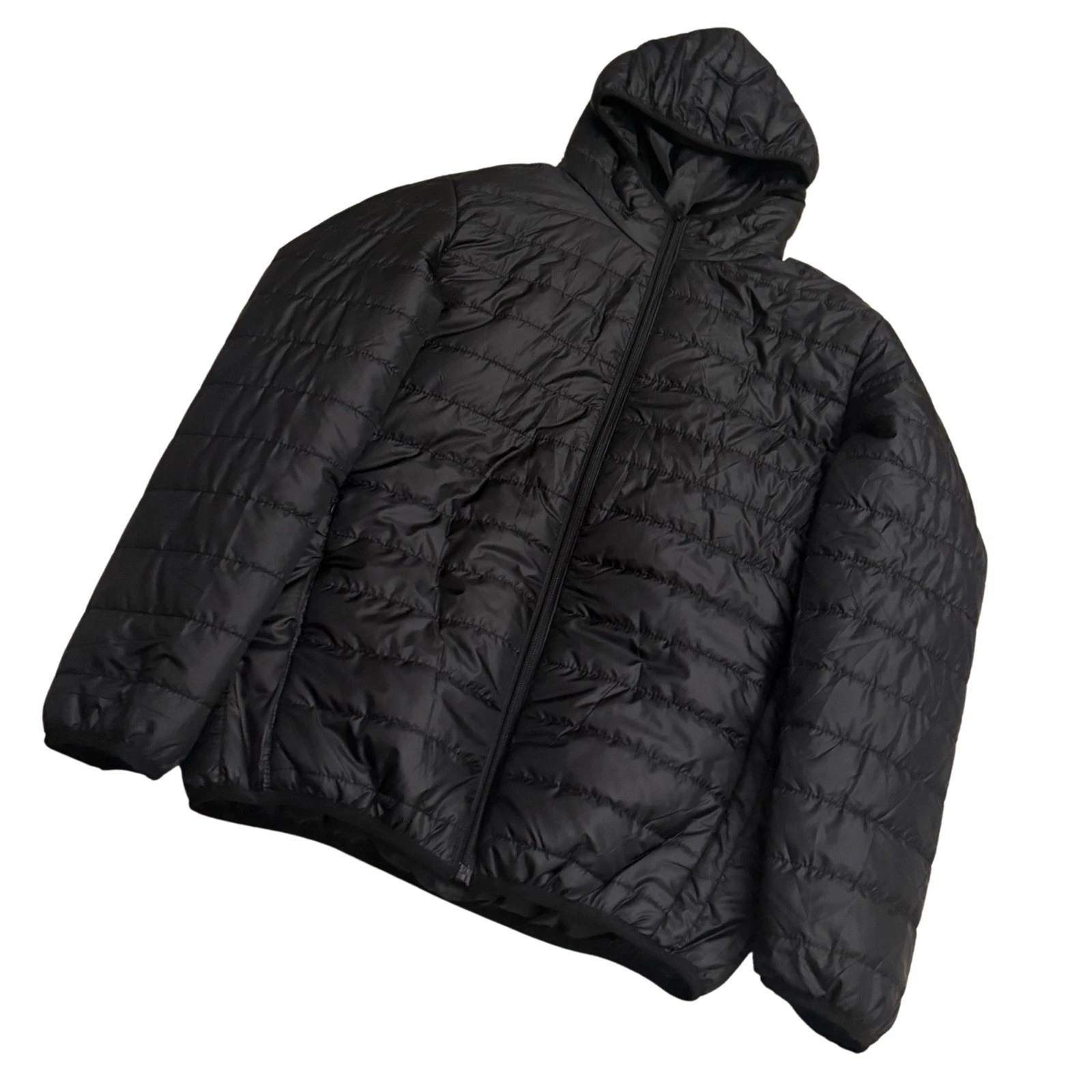 Men’s Black Hooded Puffer Jacket Quilted Lightweight Zip-Up Winter Coat.