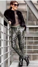 Zara Dark Green Contrast Sequinned Sequin Trousers Size S Party Ref 2731/350