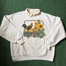 Vintage 80s or 90s Rooster Sunflower Farm Collared Crewneck Sweatshirt L