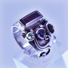 Size 5.75, vintage Sterling 925 silver handmade wide ring citrine ruby peridot