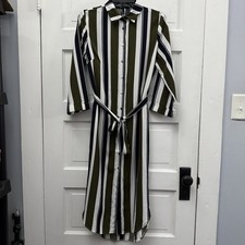 Forever 21 Striped Shirt Dress Belted Midi Green White Women’s Small