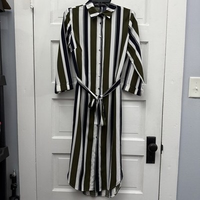 Forever 21 Striped Shirt Dress Belted Midi Green White Women's Small | eBay