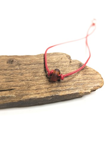 Adjustable Red Cord Bracelet with Amber Brown Seaham Sea Glass - Picture 2 of 6
