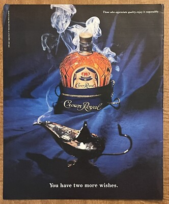 90s 1993 Crown Royal Whisky Genie Magic Lamp Aladdin Two More Wishes Print Ad