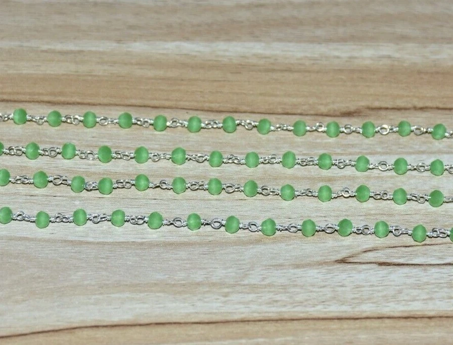 Cadena rosario con cuentas de alambre de plata 925, cadena rosario a granel cuentas de vidrio prehnita de 3 mm Foto 4 de 4