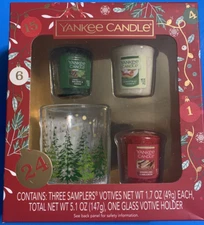 Yankee Candle Christmas Tree Glass Votive Candle Holder +3 Candles Set NEW (L#2)