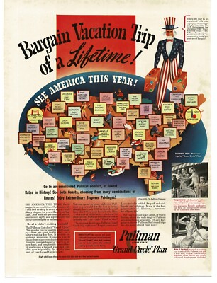 1940 Pullman Trains Cars Grand Circle Plan US Map Uncle Sam Vintage Print Ad