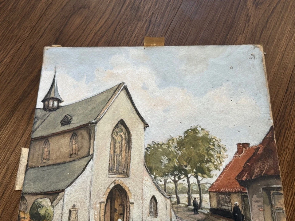 Винтажный антикварный бельгийский рисунок церкви мел/пастель с автографом Виктора Ван Мербека - Изображение 3 из 4