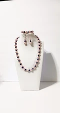 Light Pink w/Navy Blue Glass Pearl Necklace/Bracelet/Earrings Set