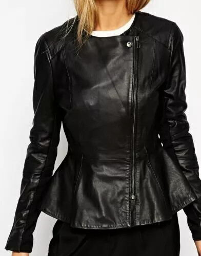 100% Soft Lambskin Motorcycle Biker Bomber Women's Round Neck Jacket Coat Jacket