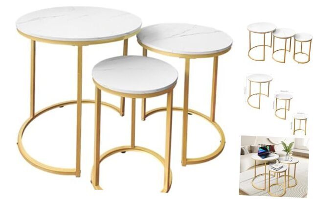 Nesting Tables Coffee Table Set of 3,Round Side Table Small 20.5in 20.5in Gold