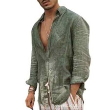 Casual Men Cotton Linen Shirt Long Sleeve Loose Blouse Button Down Shirts-Tops