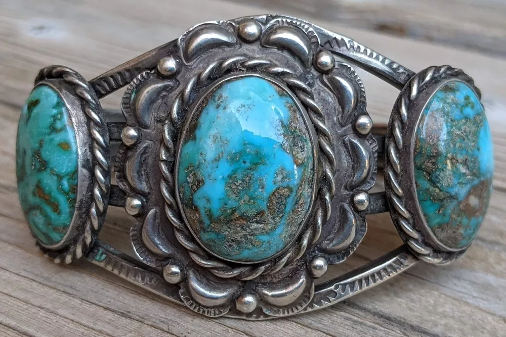Old Pawn Navajo Silver Bracelet Ca 1930s-40s with 3 Pilot Mountain Turquoise
