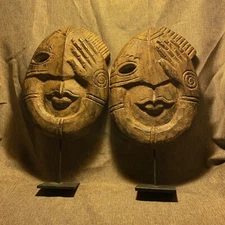 Made In Thailand Wood Carved Mask on Metal Stand Decor. Set of two