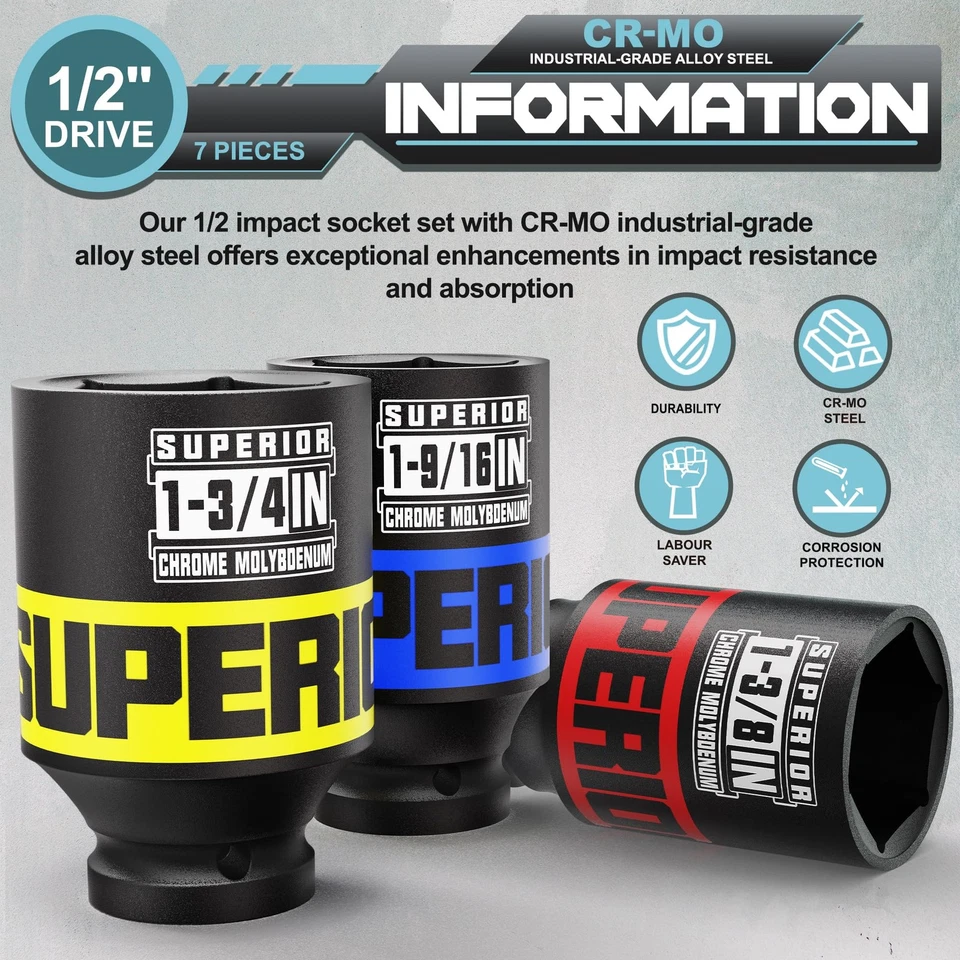 7 Piece 1/2” Drive Deep Axle Nut Impact Socket Set, SAE, 1-3/8" - 1-3/4", CR-... - Image 3 of 4
