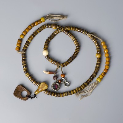 Tibetan Buddhist Tantric Bone Kapala Mala with Bronze Amulets