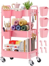 Aofure 3 Tier Rolling Cart Metal Lockable Wheels Pink Three Tiered Diaper Caddy