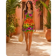 VINTAGE 80s 90s JAMS WORLD Floral MINI Dress WOMEN SMALL VIBRANT RESORT vacation